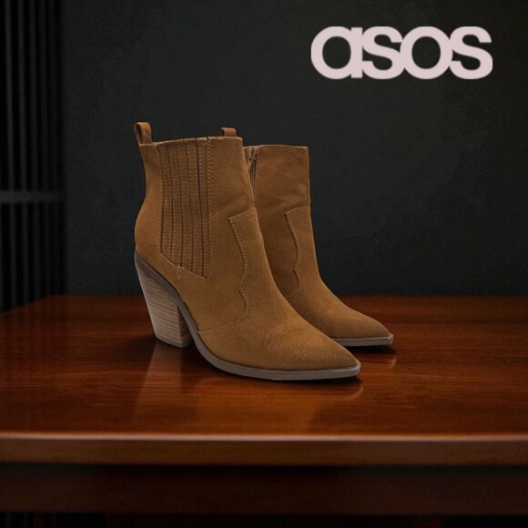 ASOS Suede Western Ankle Boots Brown Block Heel Pointed Toe Size 4 - Picture 1 of 9
